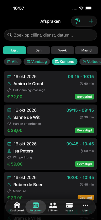 De afsprakenlijst in de AuraZenix-app: zoeken, lijst-, dag-, week- of maandweergave, filters en per afspraak datum, tijd, cliënt, dienst, prijs en status.